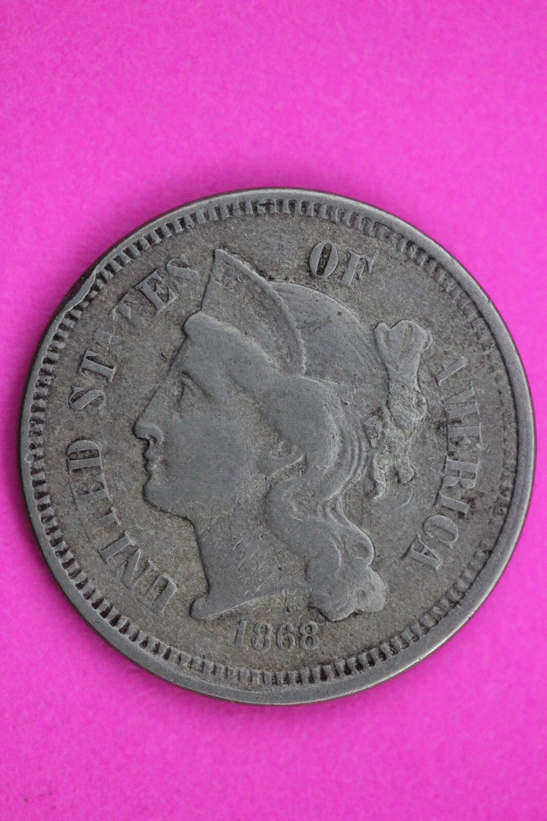 1868 Three 3 Cent Nickel Scarce Semi Key Date Type Coin Philadelphia Mint 270