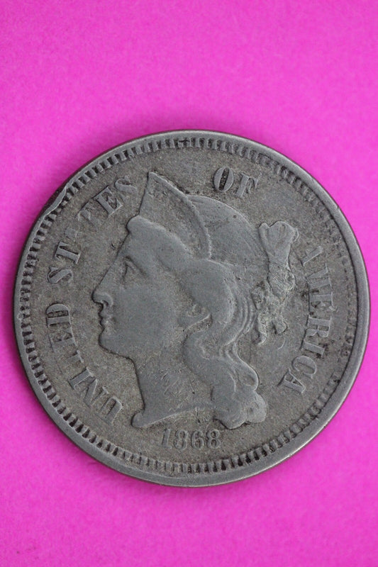 1868 Three 3 Cent Nickel Scarce Semi Key Date Type Coin Philadelphia Mint 270
