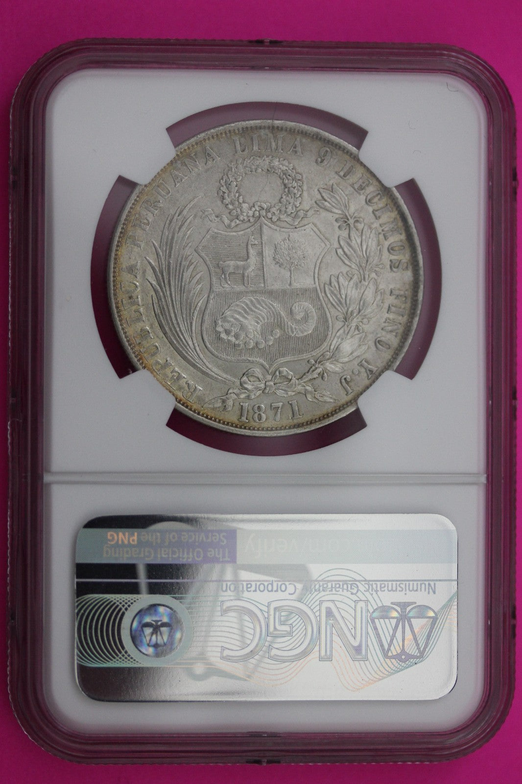 1871 YJ AU 58 Peru 1 Sol Silver Coin NGC Certified Graded Authentic Slab 563