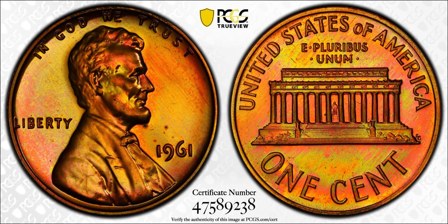 Trueview Rainbow TONED 1961 PR 66 RB Abraham Lincoln Memorial Cent PCGS OCE 392