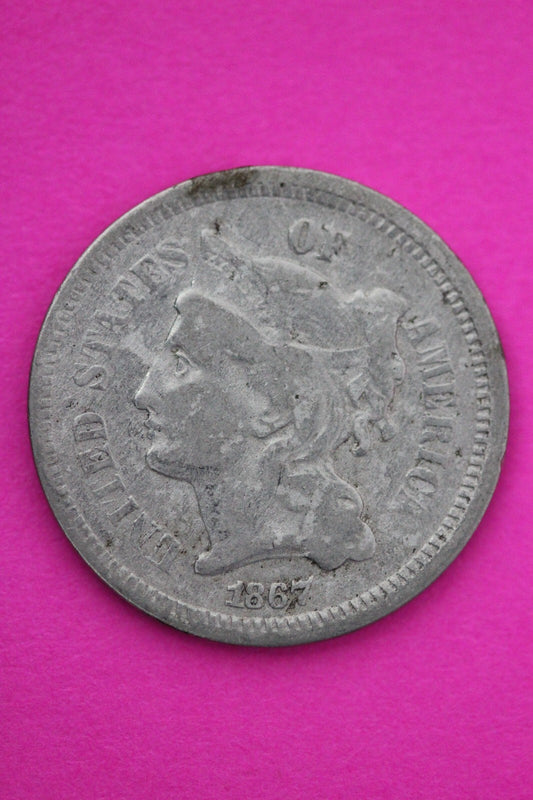 1867 Three 3 Cent Nickel Scarce Semi Key Date Type Coin Philadelphia Mint 176