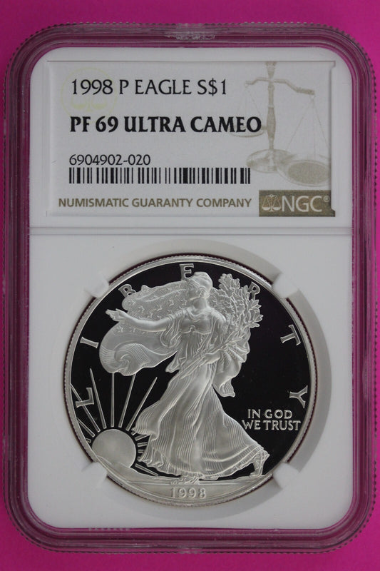 1998 P PF 69 Silver American Eagle Ultra Cameo Authentic Proof Coin NGC 1099