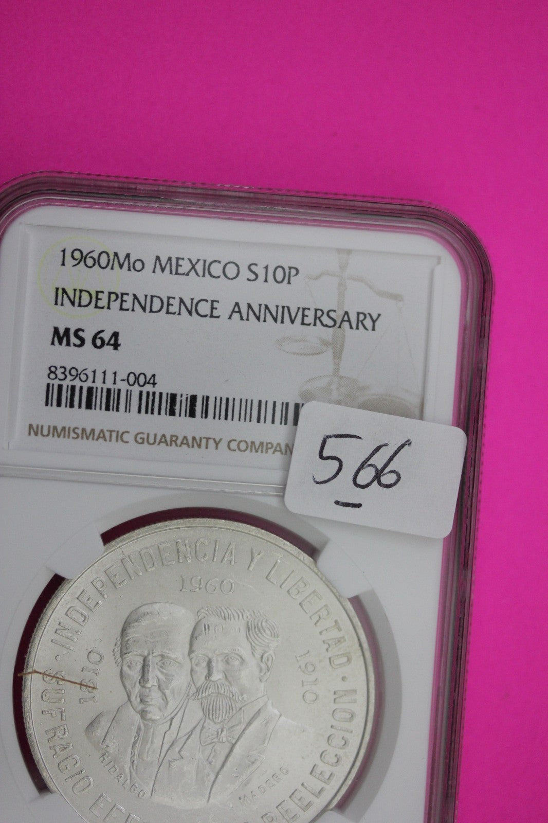 1960 MS 64 Mexico 10 Pesos Silver Coin NGC Authentic Graded Authentic Slab 566