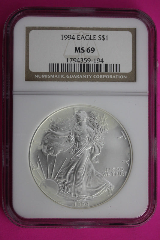 1994 MS 69 Silver Eagle 1 OZ .999 Silver NGC Certified Authentic Graded 678