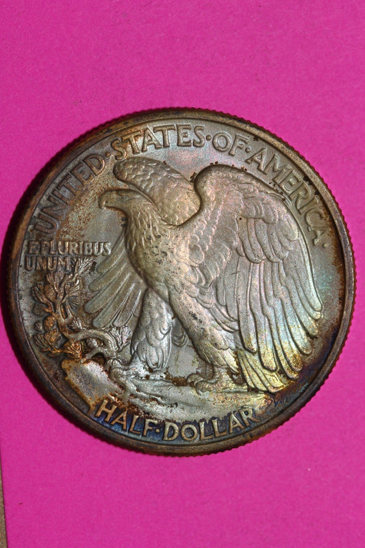 Rainbow Toned High Grade 1943 P Walking Liberty Silver Half Dollar Genuine 1642