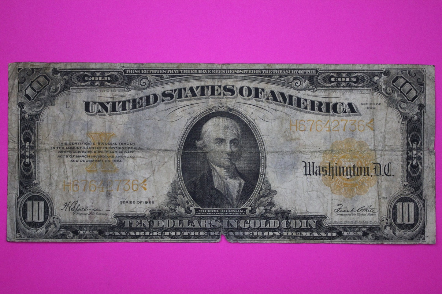 1922 $10 Ten Dollars Gold Certificate FR 1173 Guaranteed Authentic & Genuine 46