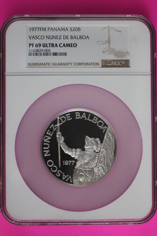 Top Pop 1977 Panama Silver 20 Balboas PF 69 Ultra Cameo NGC Graded Slab 7122