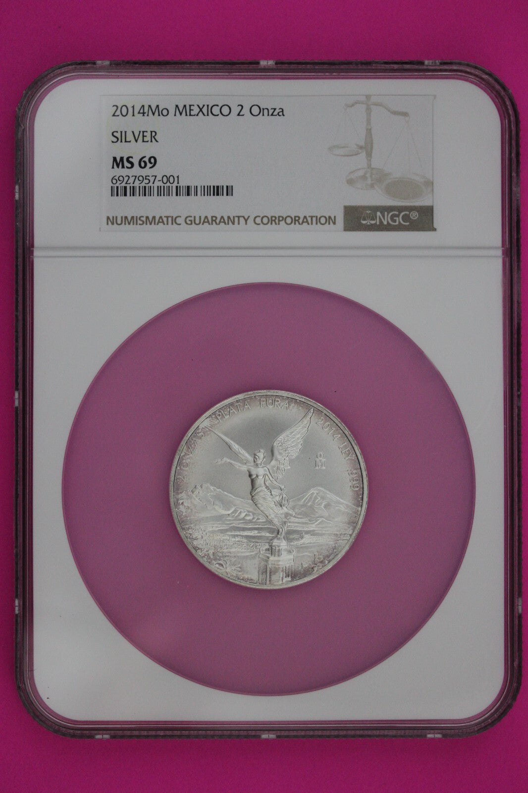 2014 MS 69 Mexico Libertad 2 Onza 2 Ounces .999 Silver NGC Certified Slab 7004