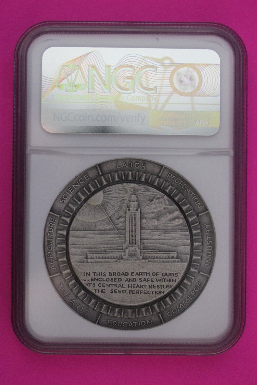 Antiqued 1967 MS 69 Nebraska Centennial Medallic 1.9 Ounce Silver Medal NGC 6045