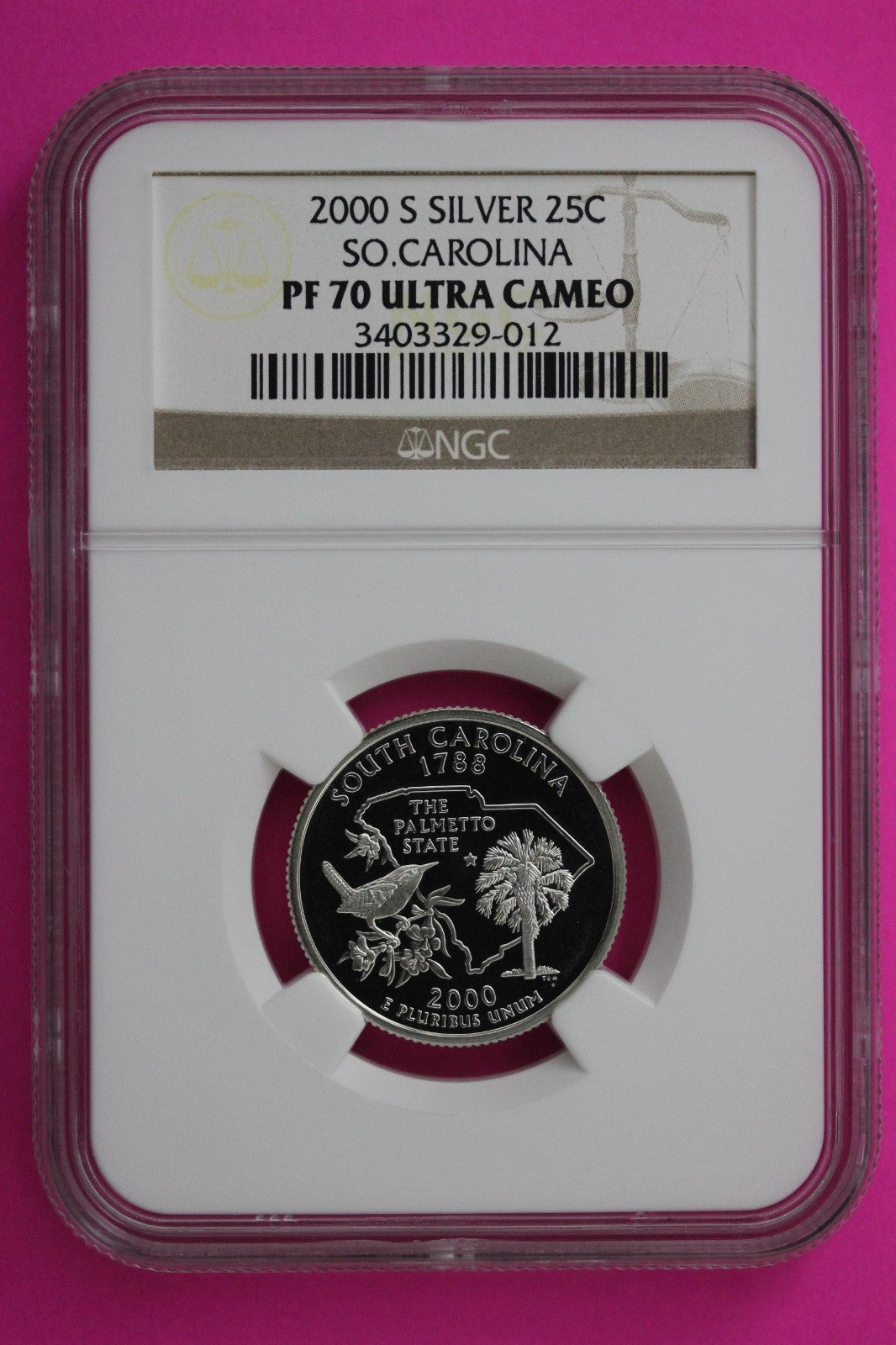 2000 S PF 70 South Carolina Silver State Quarter NGC Certified Authentic 402