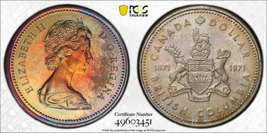 Rainbow Toned 1971 SP 67 Canada British Columbia Silver Dollar PCGS Graded 755
