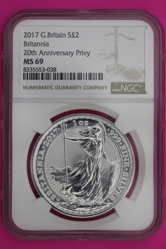 2017 MS 69 Great Britain £2 Britannia 20th Anniversary Privy NGC Graded Slab 895
