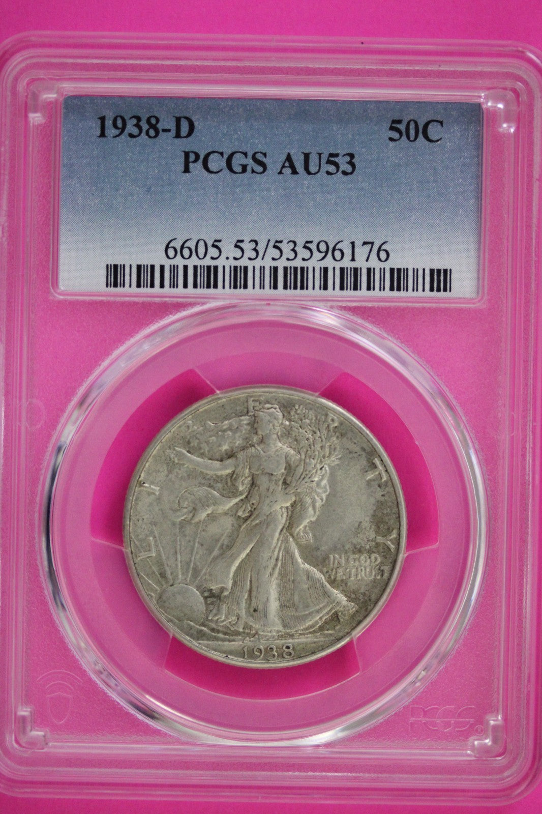 1938 D AU 53 Walking Liberty Silver Half Dollar Walker PCGS Certified Slab 107