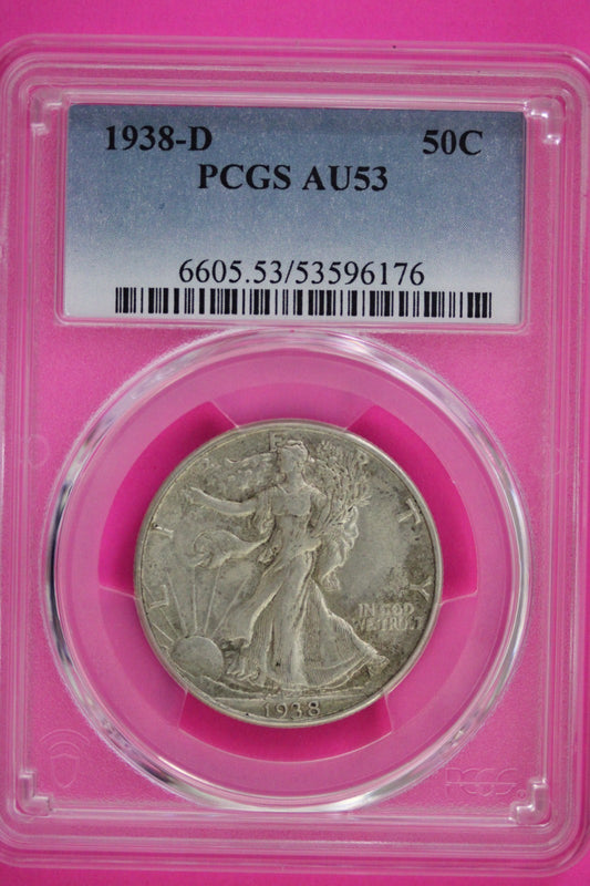 1938 D AU 53 Walking Liberty Silver Half Dollar Walker PCGS Certified Slab 107
