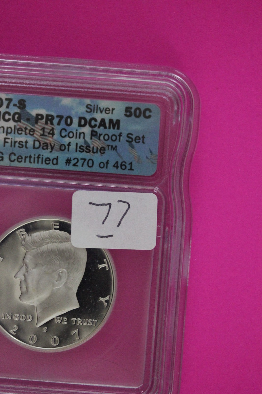 2007 S Silver PR 70 Deep Cameo John Kennedy Half Dollar ICG Certified Slab 77