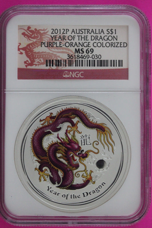 2012 P MS 69 Colorized Australia Year Of The Dragon $1 Silver Coin NGC Slab 971