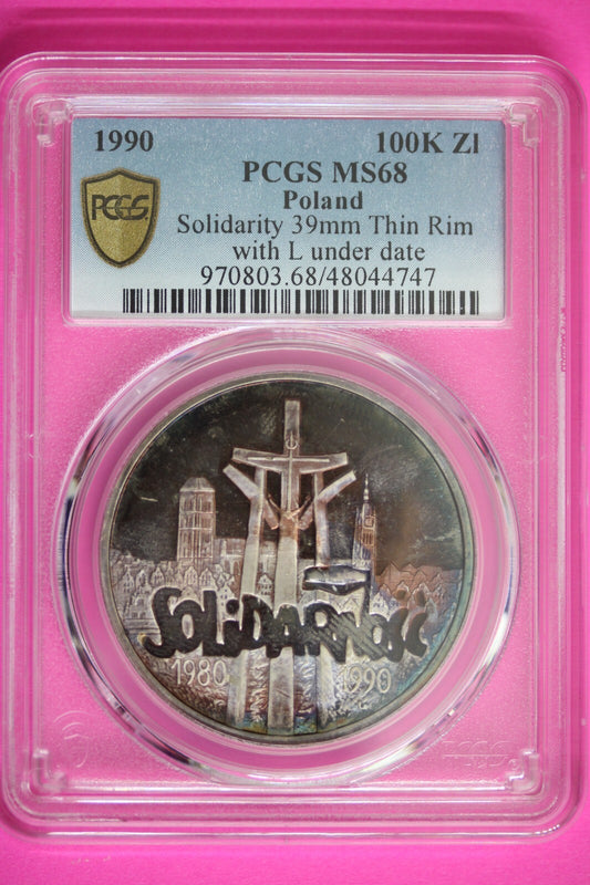 Rainbow Toned Poland 1990 MS 67 Solidarity 39 mm Thin Rim L Under Date PCGS 1541
