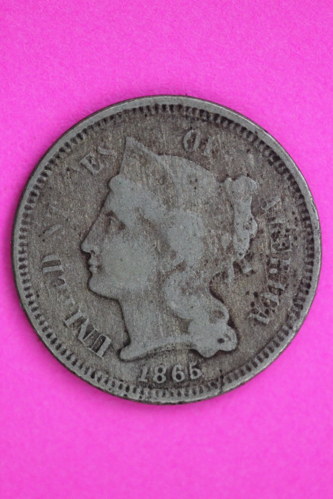 1865 Three 3 Cent Nickel Scarce Type Coin Guaranteed Authentic & Genuine 0733N