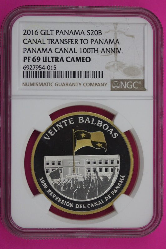 2016 PF 69 Gilt Panama Proof 20 Balboas Canal Transfer 100th Anniversary NGC 190