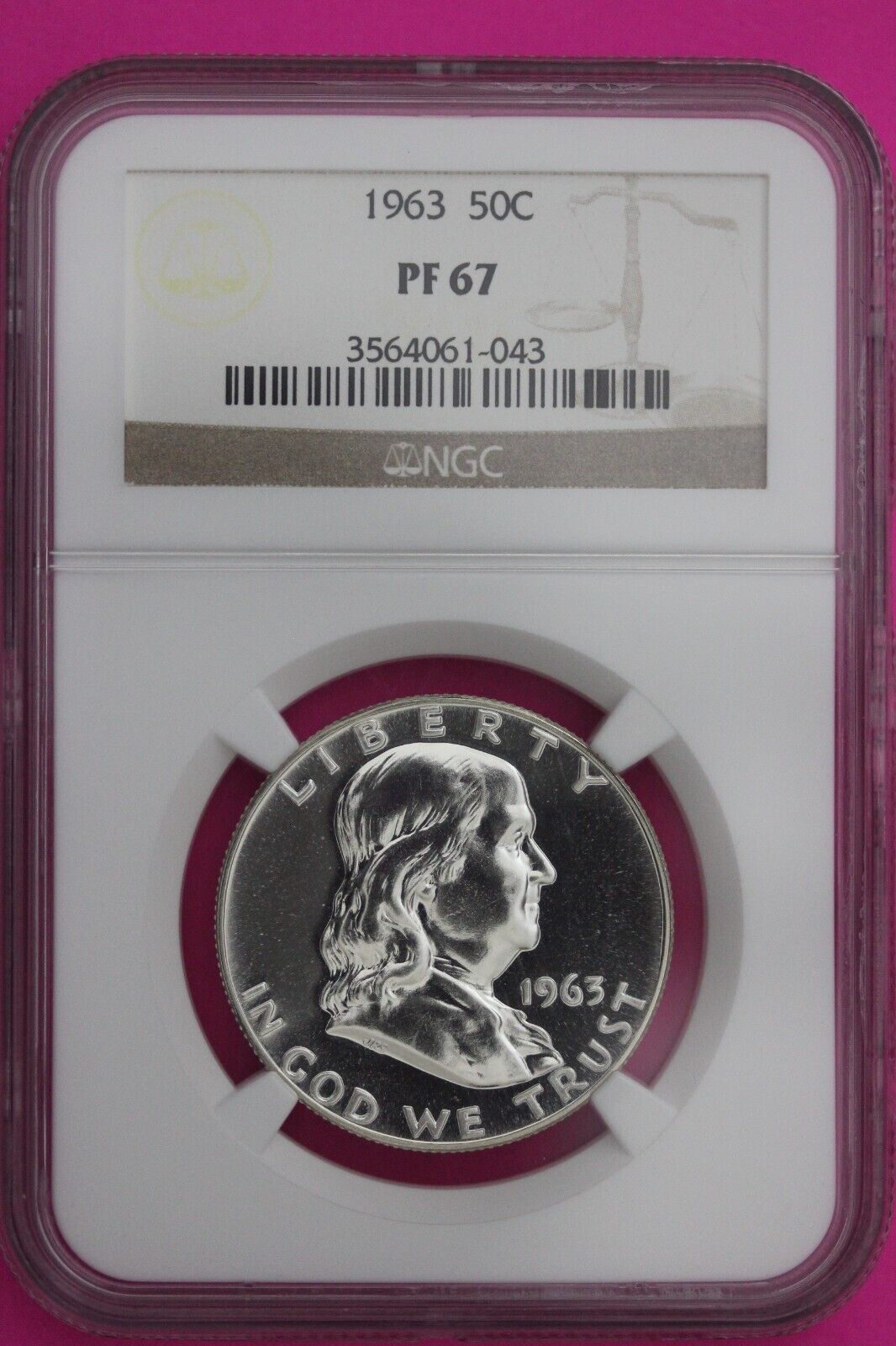 1963 PF 67 Ben Franklin Silver Proof Half Dollar NGC Graded Certified Slab 809