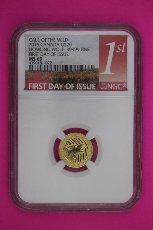 2015 1/10th Once .999 Fine Gold MS 69 Canada Howling Wolf Call Of Wild NGC 624