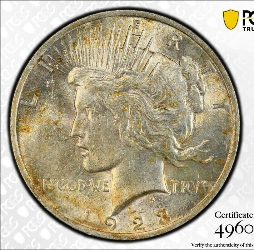 Toned 1923 P MS 62 Peace Silver Dollar PCGS Graded Certified Authentic Slab 78