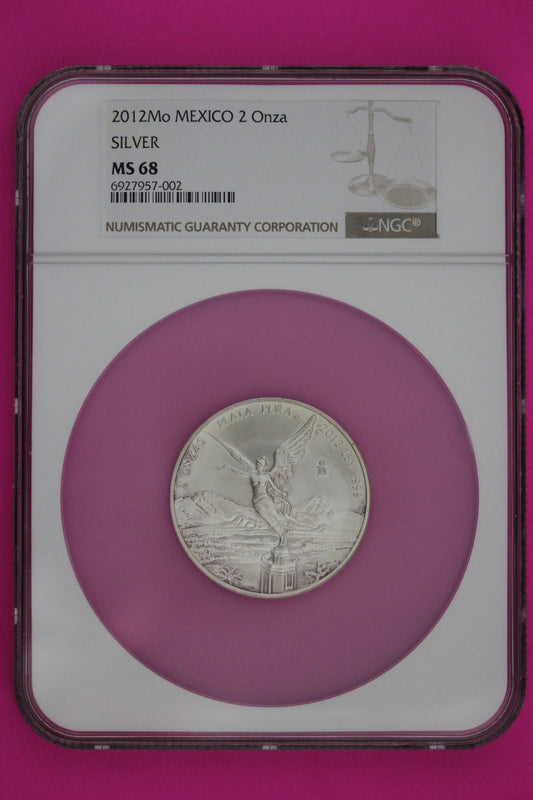 2012 MS 68 Mexico Libertad 2 Onza 2 Ounces .999 Silver NGC Certified Slab 7002