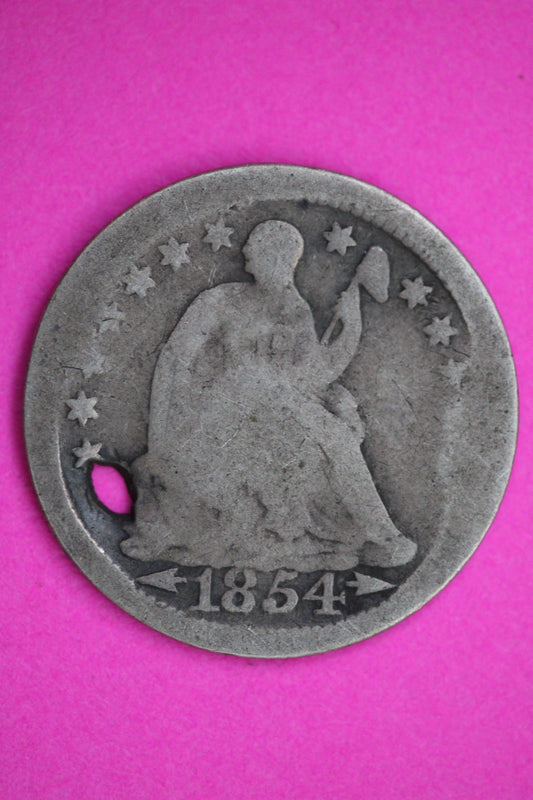 1854 P Seated Half Dime Silver Exact Coin Shown Filler Damaged Holed Bent 2736