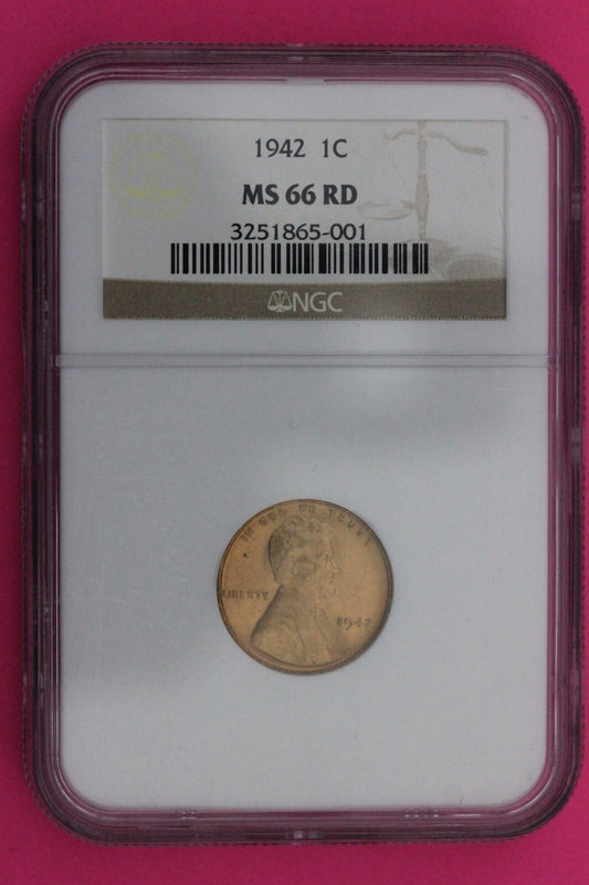 1942 P MS 66 RD Lincoln Wheat Cent Penny NGC Graded Certified Authentic Slab 64