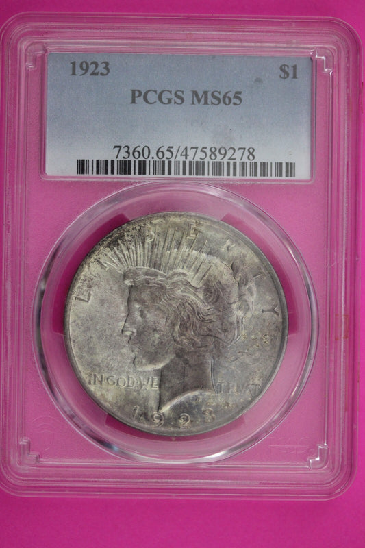 Toned 1923 P MS 65 Peace Silver Dollar PCGS Graded Certified Authentic Slab 499
