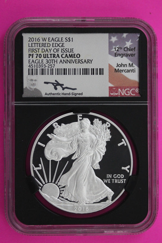 2016 W PF 70 Proof DCAM Silver American Eagle Lettered Edge NGC Mercanti Sig 507