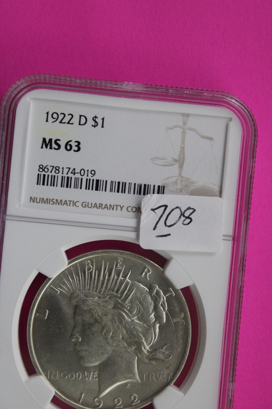 1922 D MS 63 Liberty Peace Silver Dollar NGC Certified Graded Authentic 708