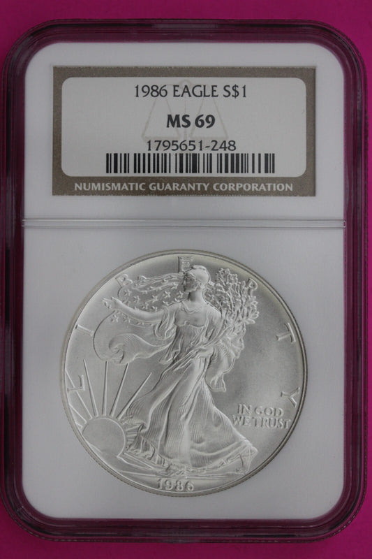 1986 MS 69 Silver Eagle Coin 1 OZ .999 NGC Graded Certified Authentic Slab 465