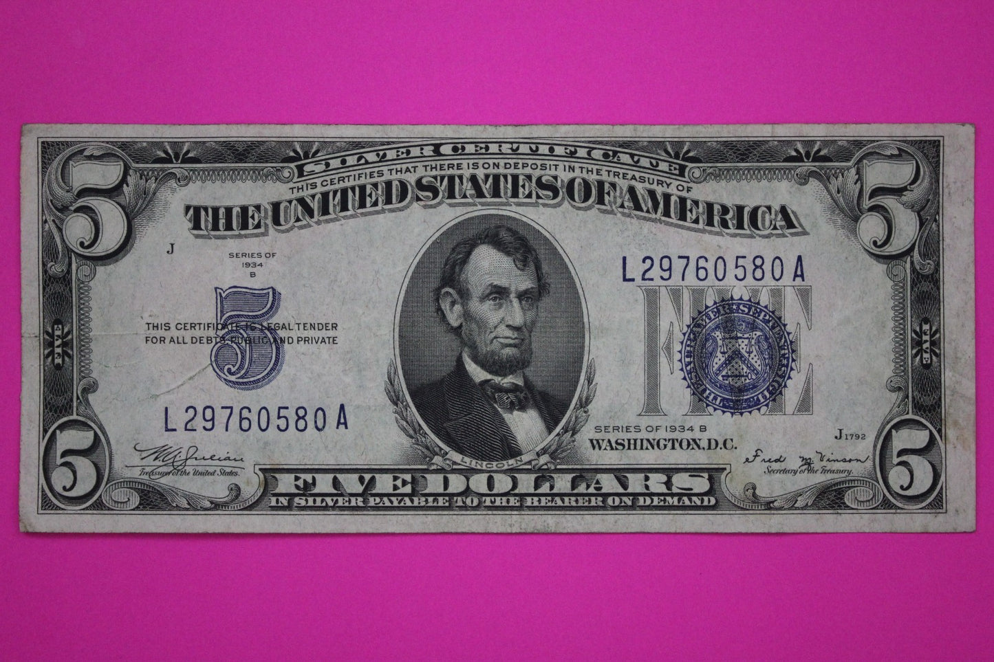 1934 B $5 Five Dollars Silver Certificate Guaranteed Authentic Genuine Bill 59