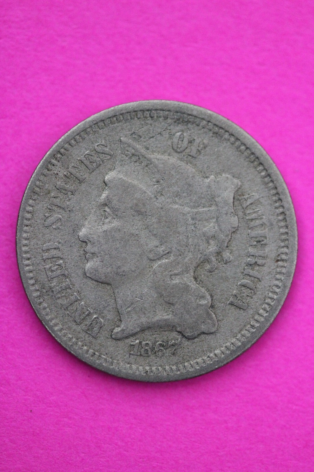 1867 Three 3 Cent Nickel Scarce Semi Key Date Type Coin Philadelphia Mint 177