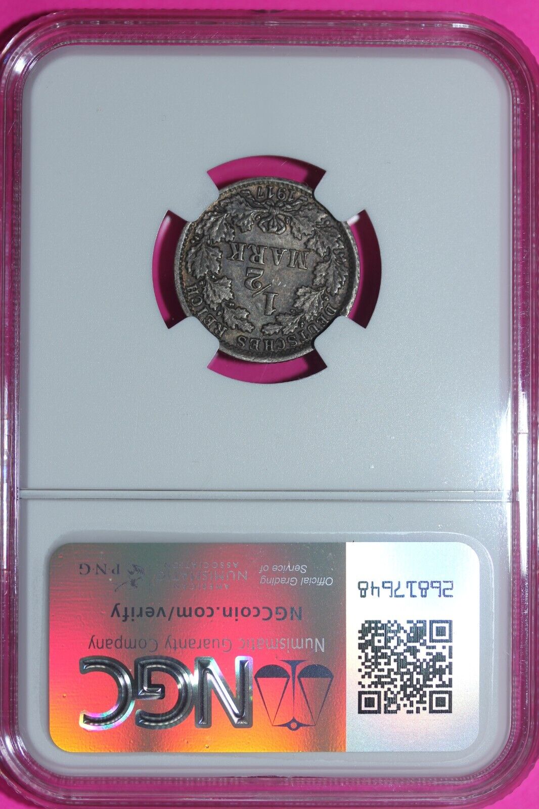 Toned 1917 F AU 58 Germany 1/2 Mark NGC Graded Certified Authentic Slab 1456