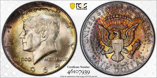 Trueview Rainbow TONED 1964 P MS 65 John Kennedy Half Dollar PCGS Graded OCE 62