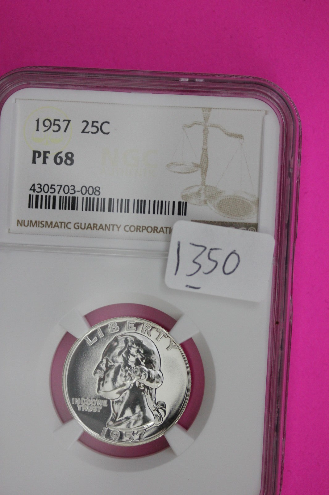 1957 PF 68 Proof Washington Silver Quarter NGC Certified Graded Authentic 1350