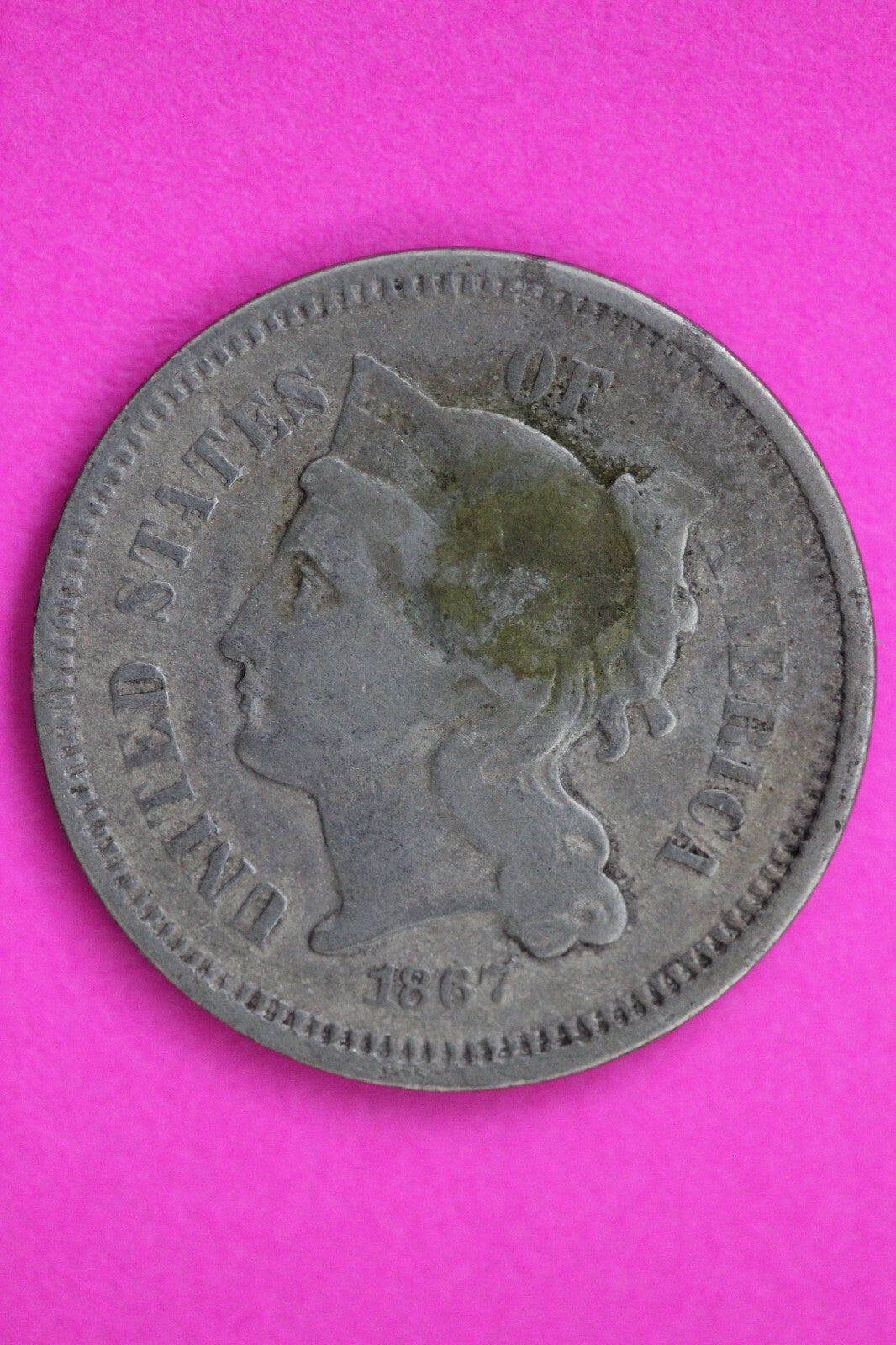 1867 Three 3 Cent Nickel Scarce Type Coin Guaranteed Authentic & Genuine 0735N