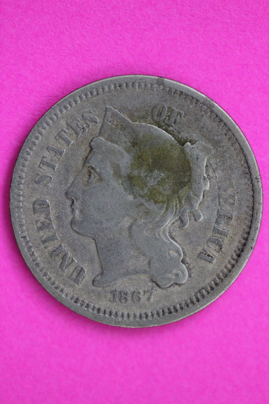 1867 Three 3 Cent Nickel Scarce Type Coin Guaranteed Authentic & Genuine 0735N