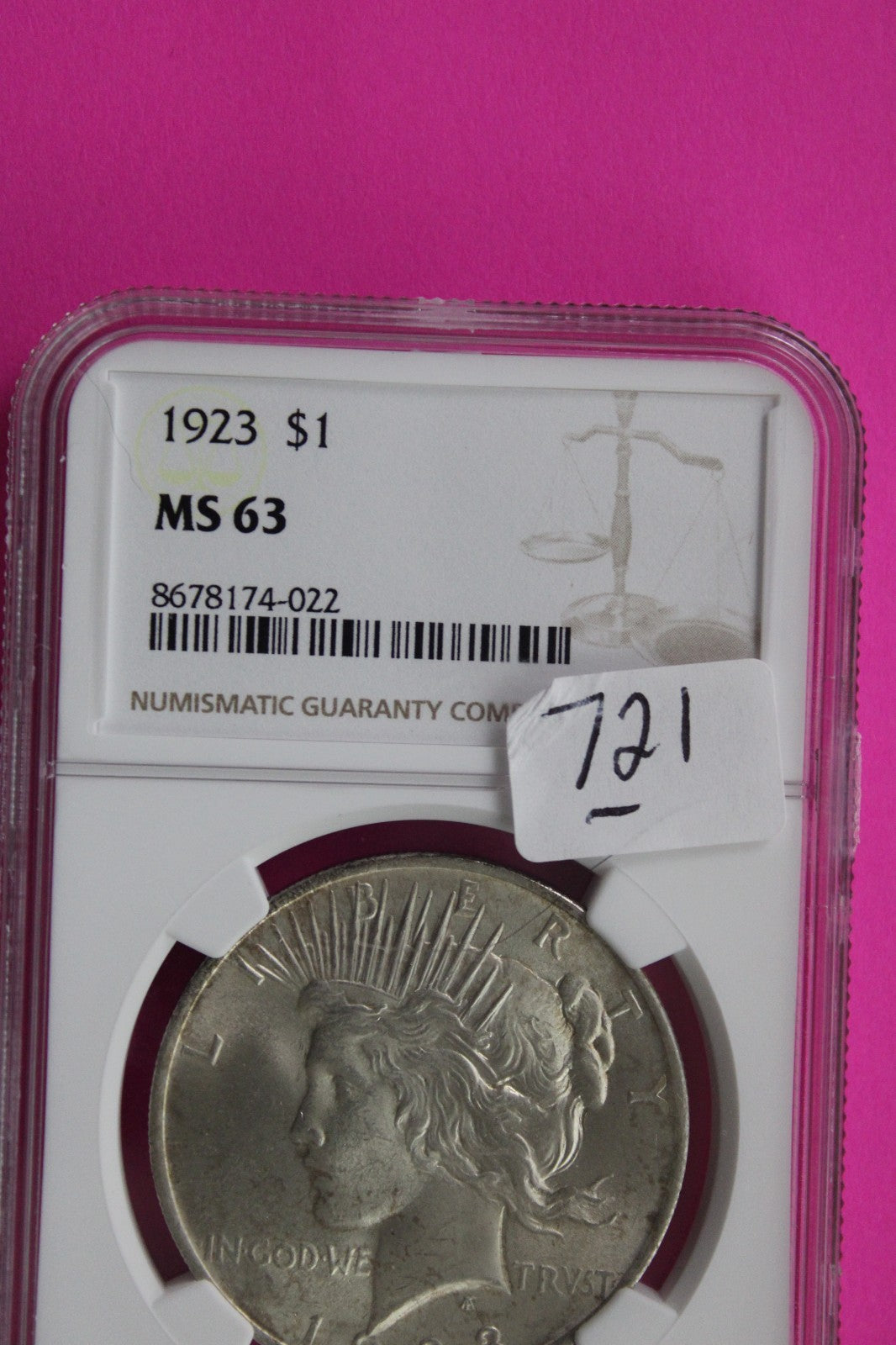 1923 P MS 63 Liberty Peace Silver Dollar NGC Certified Graded Authentic 721