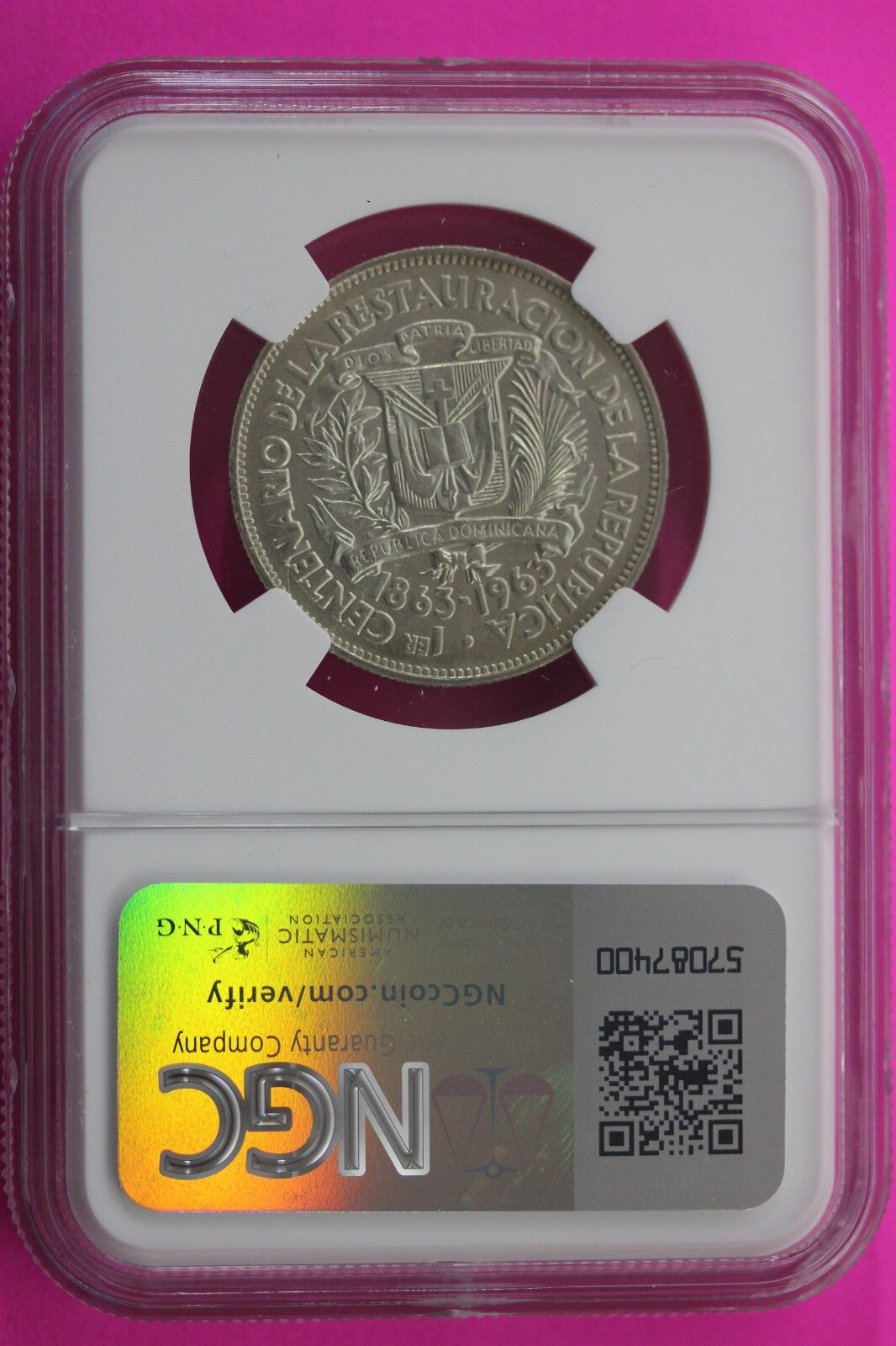1963 MS 65 Dominican Republic 1/2 Peso Silver Coin NGC Certified Graded Slab 160