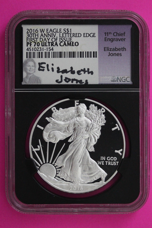 2016 W PF 70 Proof DCAM Silver American Eagle Lettered Edge NGC Jones Sig 348