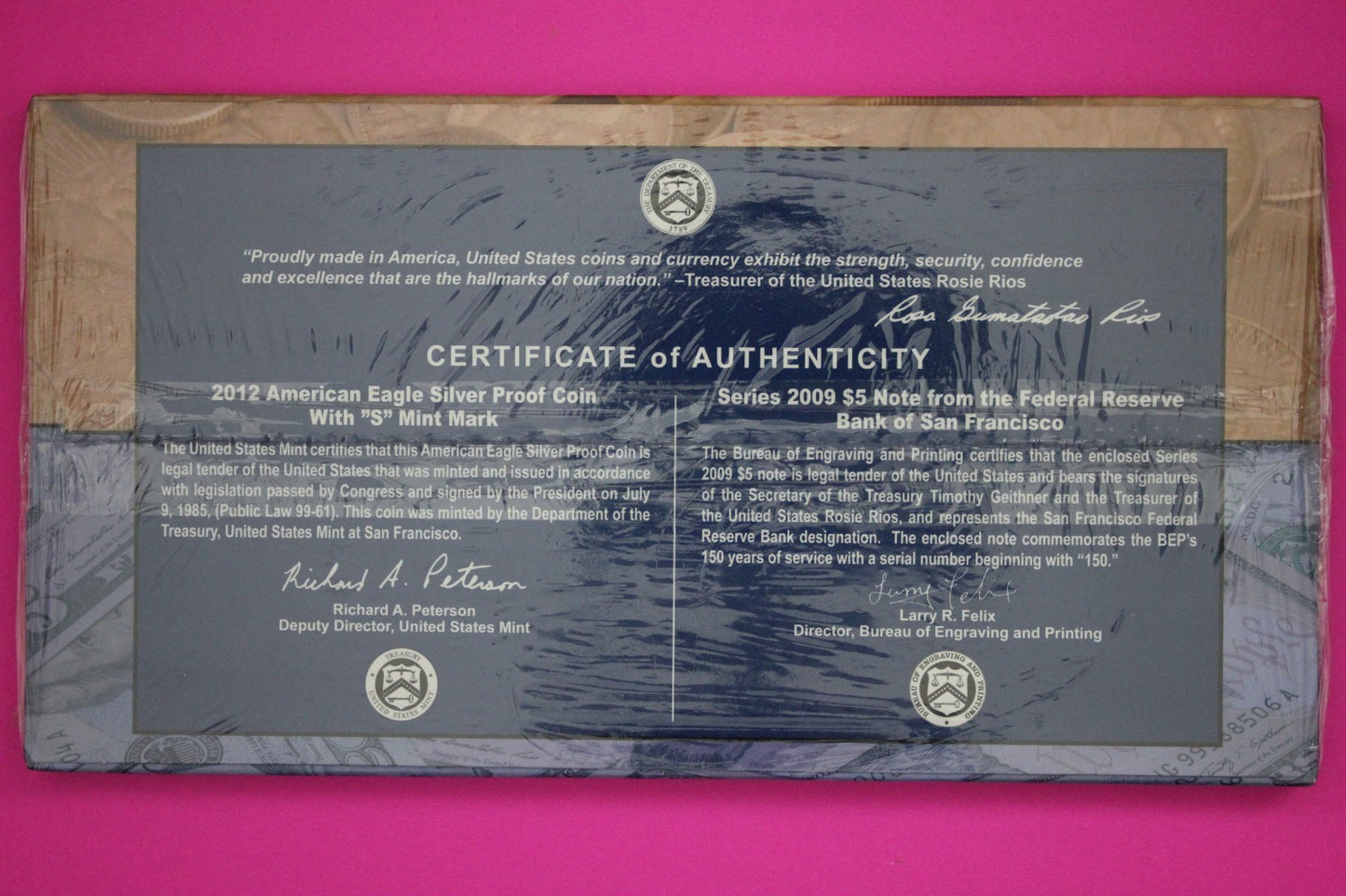 Mint Sealed 2012 Coin & Currency Set Proof 1 OZ Silver Eagle & $5 Note COA 9015