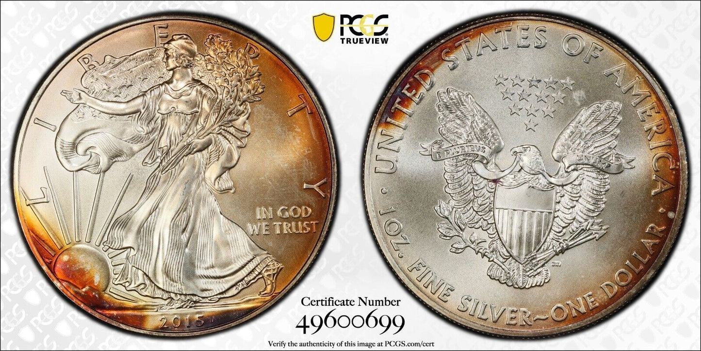 Toned 2015 MS 68 American Silver Eagle PCGS Graded Authentic Certified Slab 402