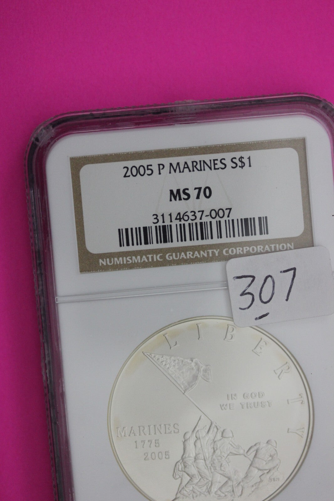 2005 P MS 70 Marines Commemorative Silver Dollar NGC Graded Authentic Slab 307