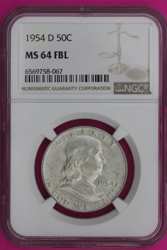 Full Bell Lines 1954 D MS 64 FBL Ben Franklin Half Dollar Silver Coin NGC 939