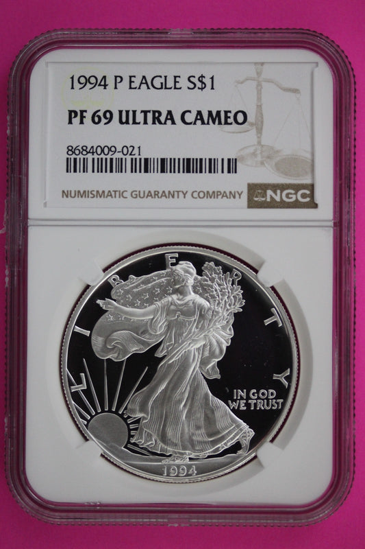 1994 P PF 69 American Silver Eagle Proof Ultra Cameo NGC Graded Authentic 94