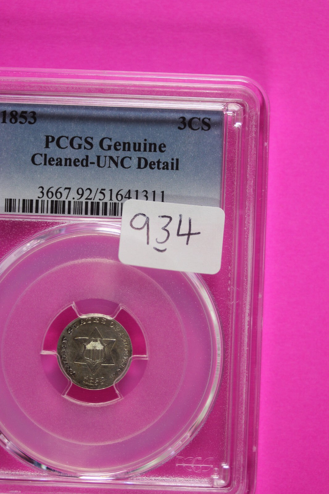 1853 Unc Detail Trime 3 Three Cent Silver Dime PCGS Genuine Cleaned Slab 934