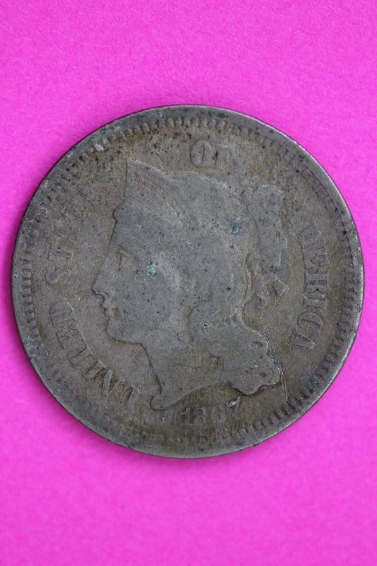1867 Three 3 Cent Nickel Scarce Type Coin Guaranteed Authentic & Genuine 0722N